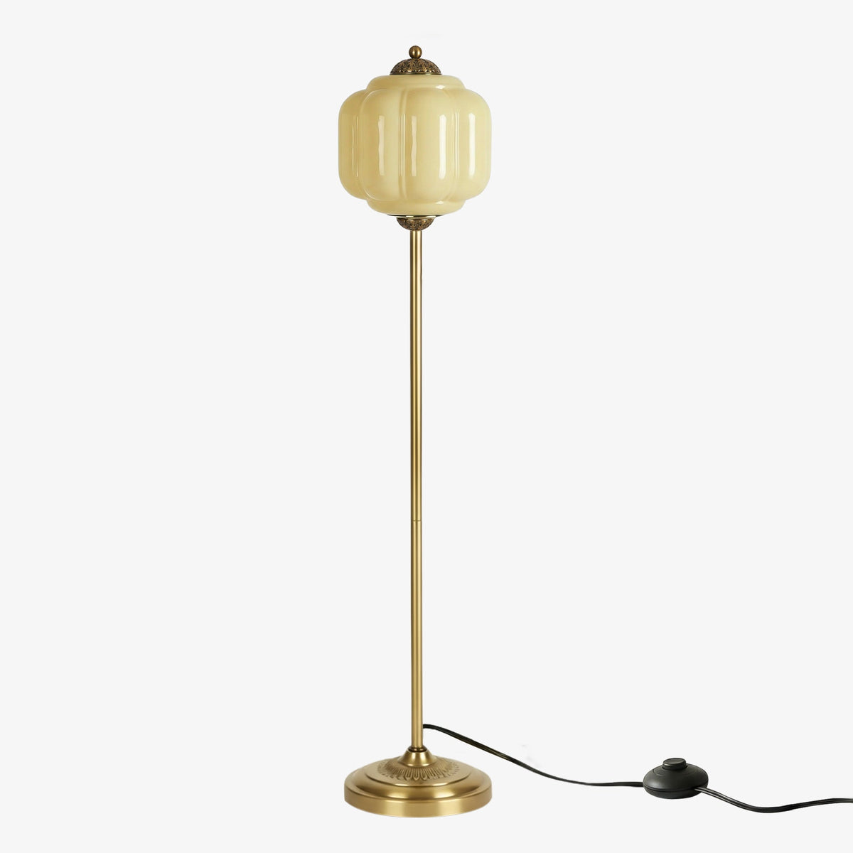 Lámpara de pie retro Tuliana – cristal amarillo y acabado latón, pantalla de 25 cm