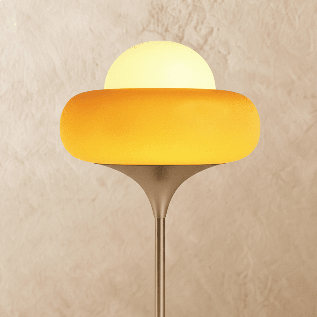 Lámpara de pie retro Yemara – detalle del cristal amarillo y el globo opal