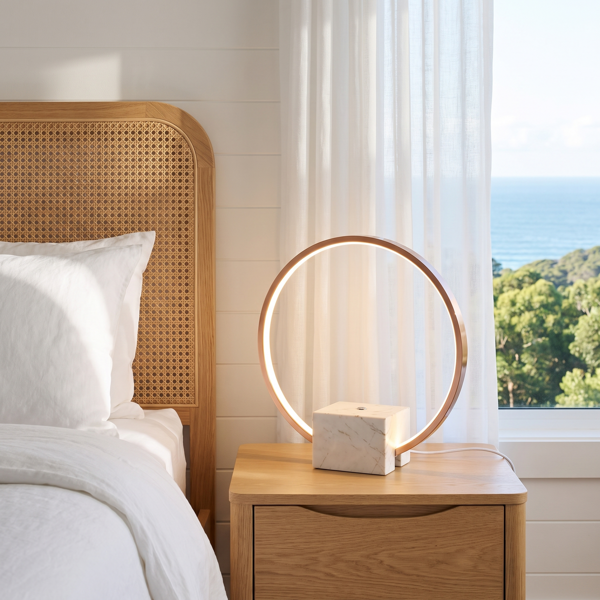 Lámpara de mesa aro LED Zircela – en una mesita de noche junto a la ventana