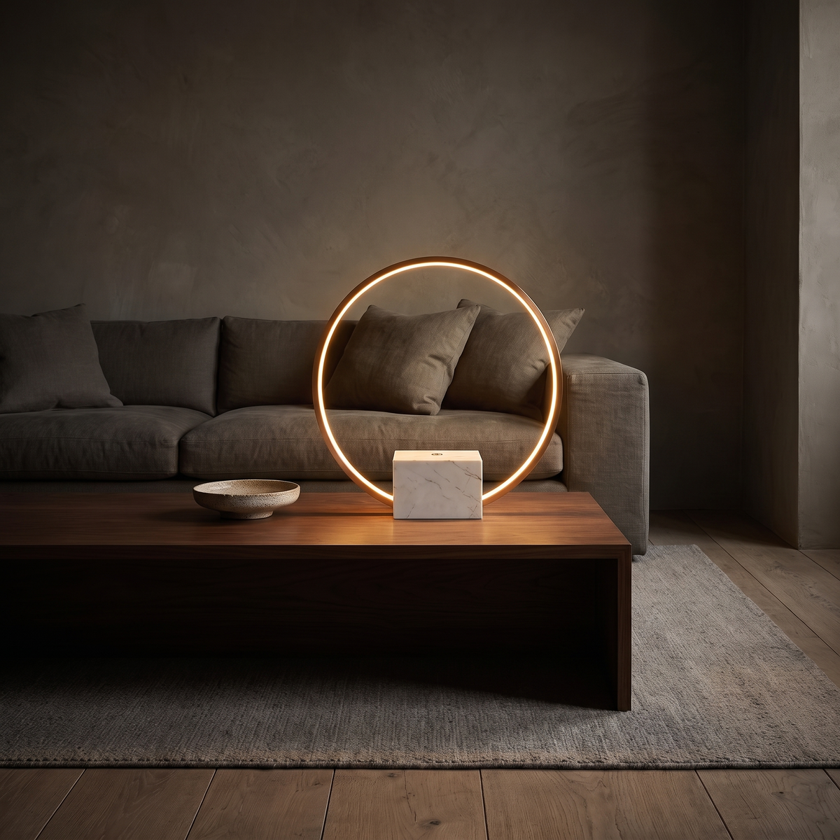 Lámpara de mesa aro LED Zircela – aro encendido en el salón