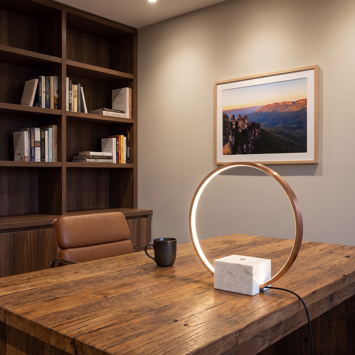 Lámpara de mesa aro LED Zircela – sobre un escritorio de madera